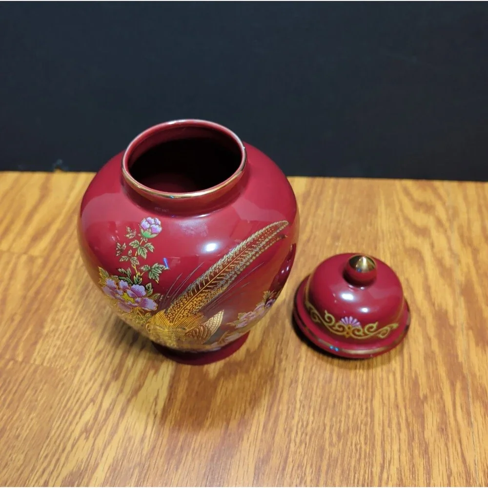 Vintage Japanese Red Porcelain Ginger Jar Golden Pheasant Peony Gold Gilt